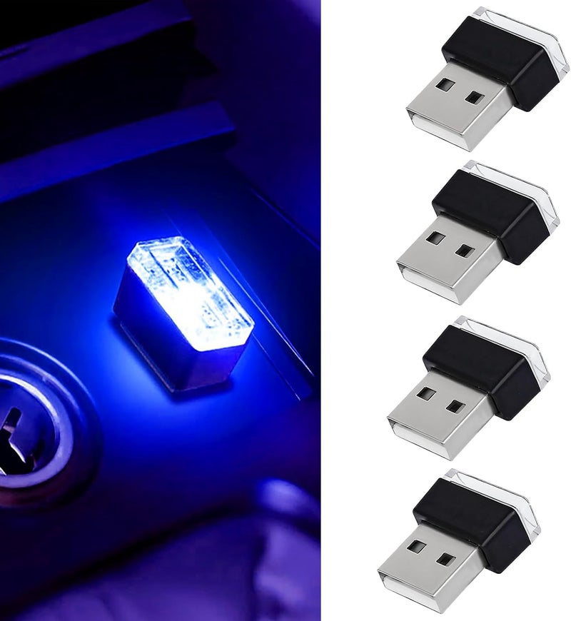 Hbxdeco 4 PCS USB LED Car Interior Atmosphere Lamp, Portable Mini Auto LED Decor Night Light, Plug-in USB Interface Ambient Lighting Kit, Universal Car Interior Accessories(Blue) - Image 1